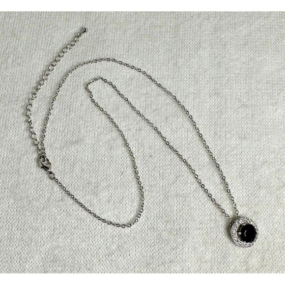 Premier Design Necklace with Black Stone Surrounded by CZs - Silver Tone - 17" - Picture 3 of 5